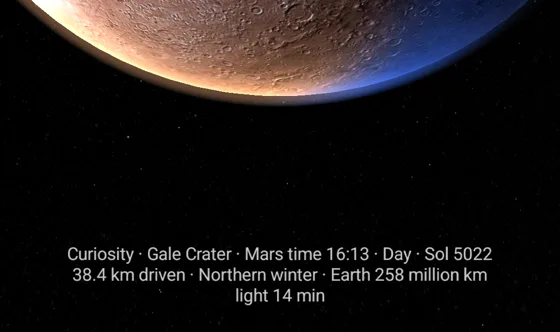 Info line in the app: Curiosity, Gale Crater, Mars time 16:13, sol 5022, 38.4 km driven, Earth 258 million km, light 14 min